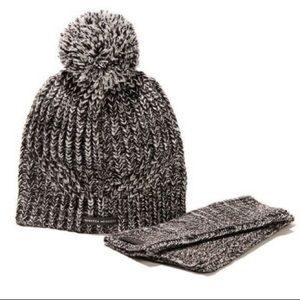 Rebecca Minkoff Winter Knit Hat Set Grey & Black Knit Beanie & Arm Warmer